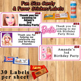 Barbie Printed Birthday Stickers Water Bottle Address Favor Labels Personalized Custom Made