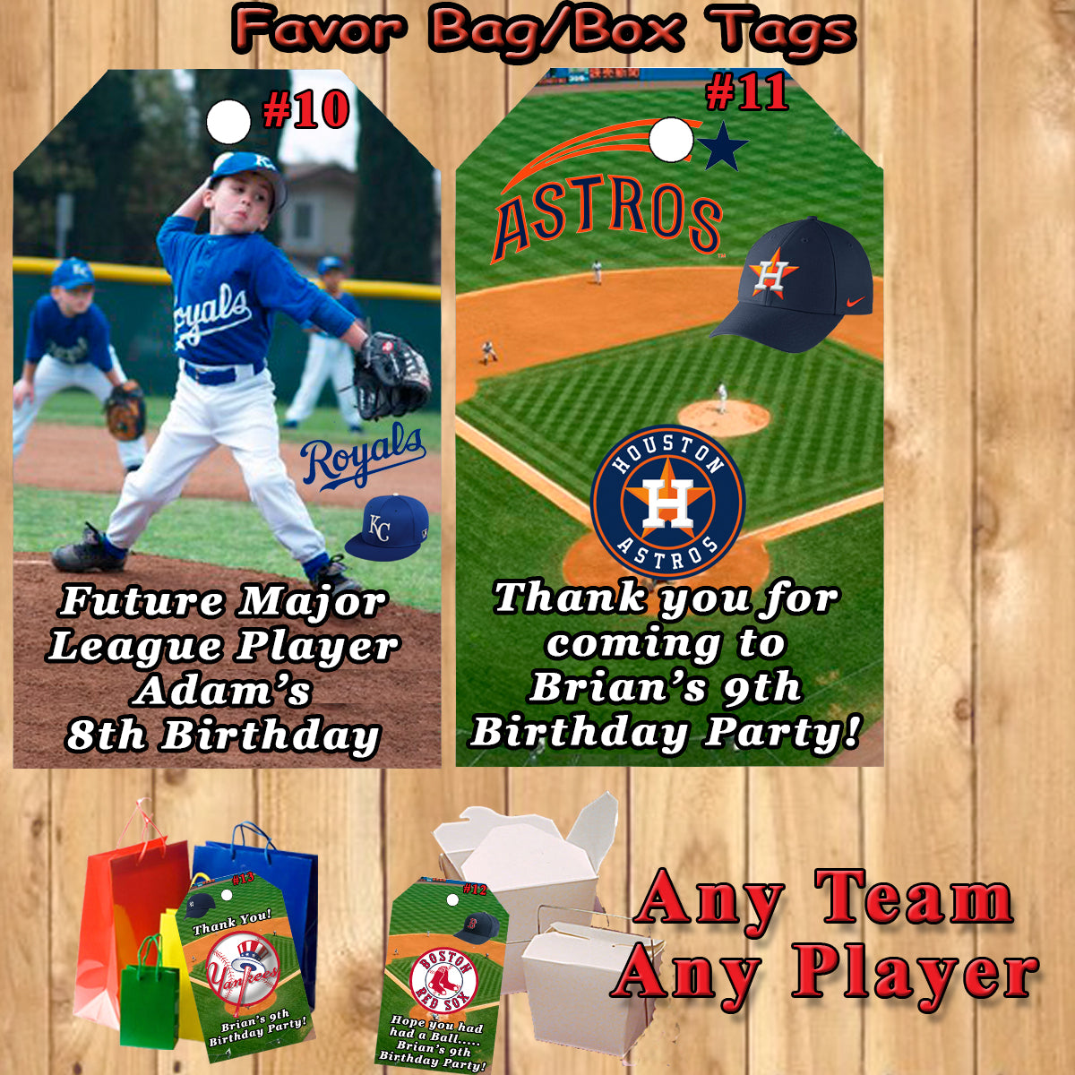 Baseball MLB Birthday Favor Thank You Gift Tags 10 ea Personalized Any Team  Any Player