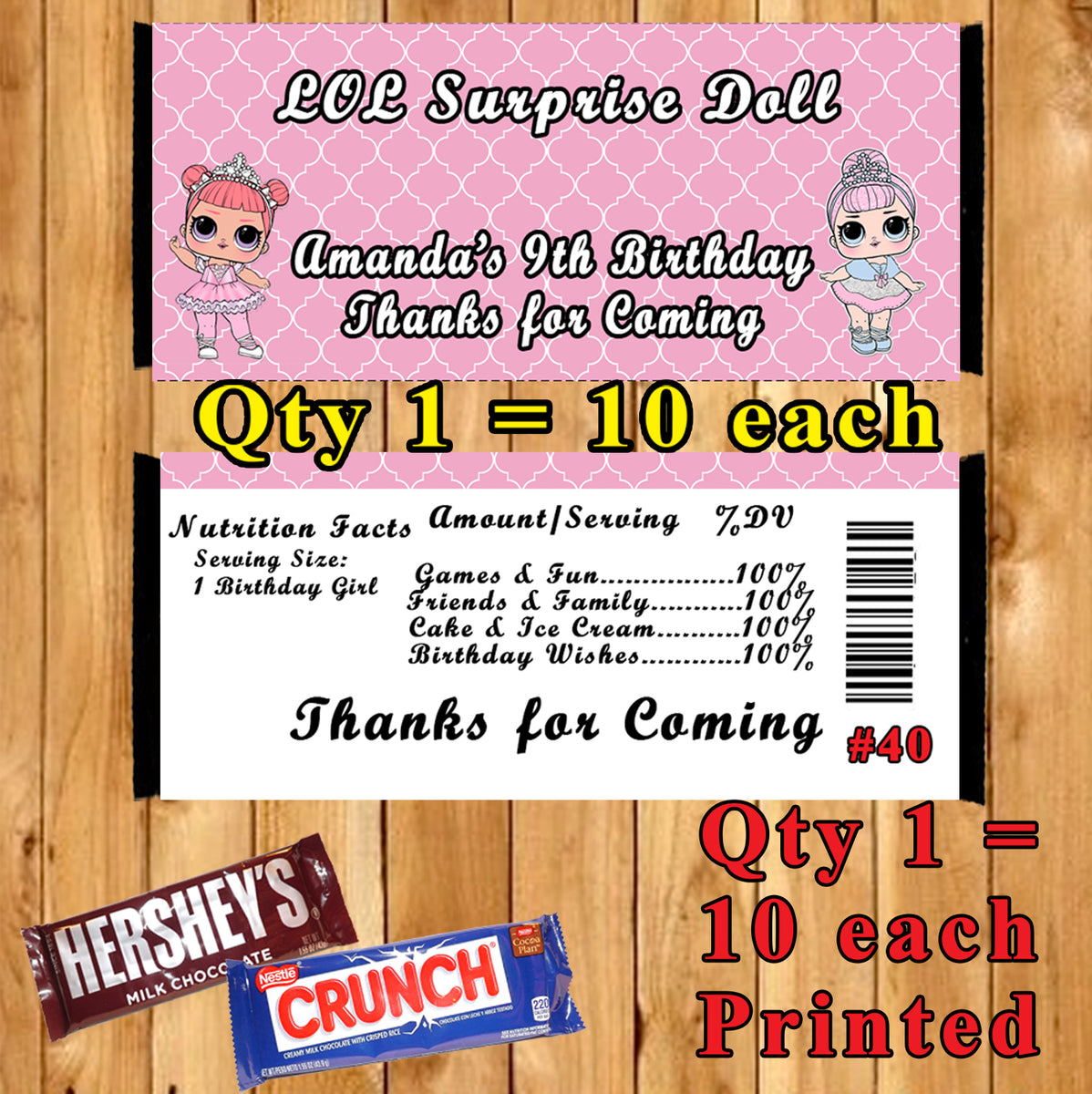 LOL Surprise Doll Printed Birthday Candy Bar Wrappers 10 ea Personaliz ...