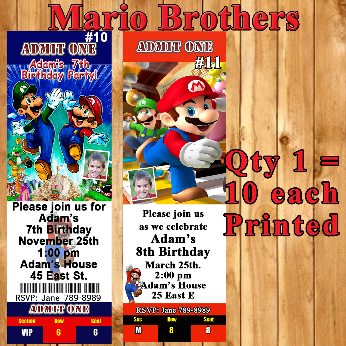 Super Smash Mario Brothers Birthday Invitations 10 each Printed Person –  Virginia Design Shop