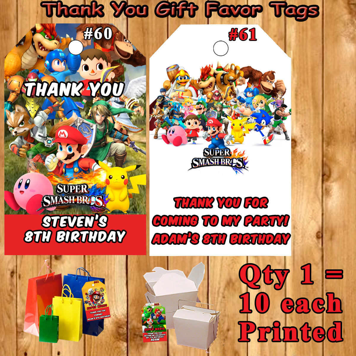 Super Smash Mario Brothers Birthday Favor Thank You Gift Tags 10 ea Pe –  Virginia Design Shop