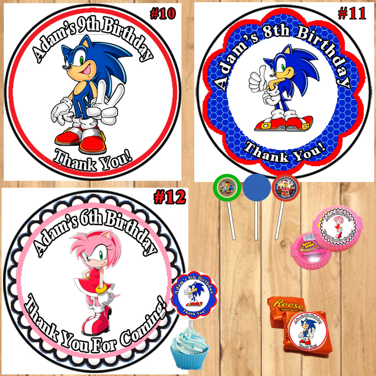 70 x Personalised Sonic stickers rewards party favours cone labels birthday