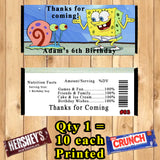 Spongebob Birthday Candy Bar Wrappers 10 ea Personalized