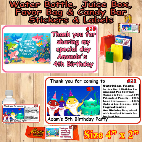 Baby Sharks Printed Birthday Stickers Water Bottle Favor Labels Personalized Custom Made