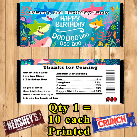 Baby Sharks Printed Birthday Candy Bar Wrappers 10 ea Personalized Custom Made
