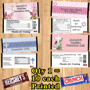 Baptism Bar Mitzvah Christening Printed Birthday Candy Bar Wrappers 10 ea Personalized Custom Made