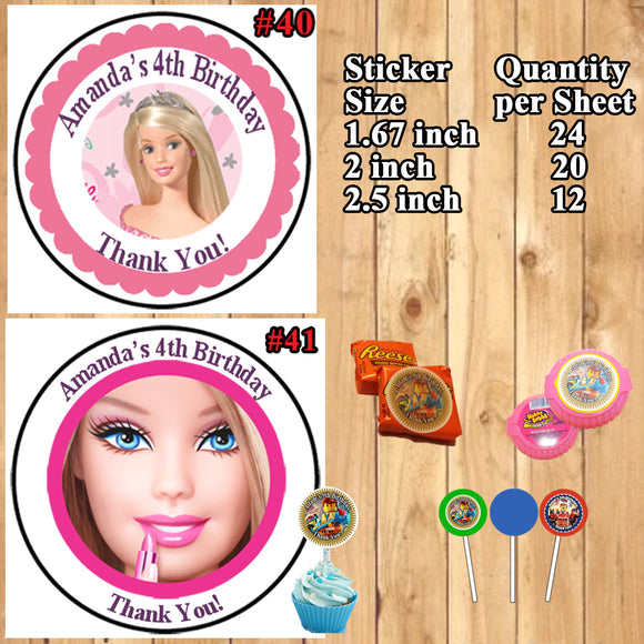 Barbie Birthday Round Stickers Printed 1 Sheet Cup Cake Toppers Favor Stickers Personalized Custom Made