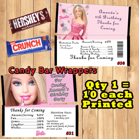 Barbie Printed Birthday Candy Bar Wrappers 10 ea Personalized Custom Made