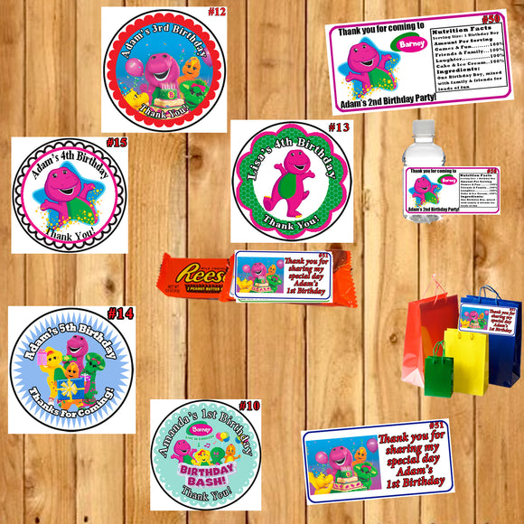 Barney Birthday Round Stickers Printed 1 Sheet Cup Cake Toppers Favor Stickers Address Labels Water Bottle Labels Personalized Custom Made