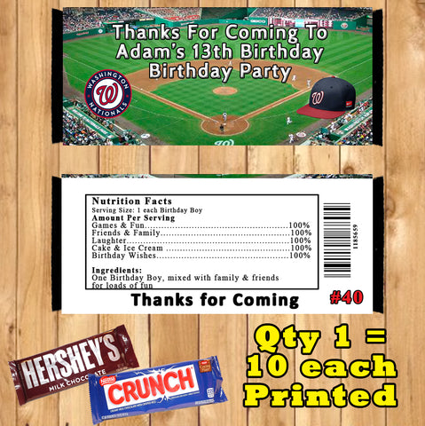Baseball MLB Printed Birthday Candy Bar Wrappers 10 ea Personalized Custom Made