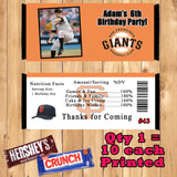 Baseball MLB Printed Birthday Candy Bar Wrappers 10 ea Personalized Custom Made