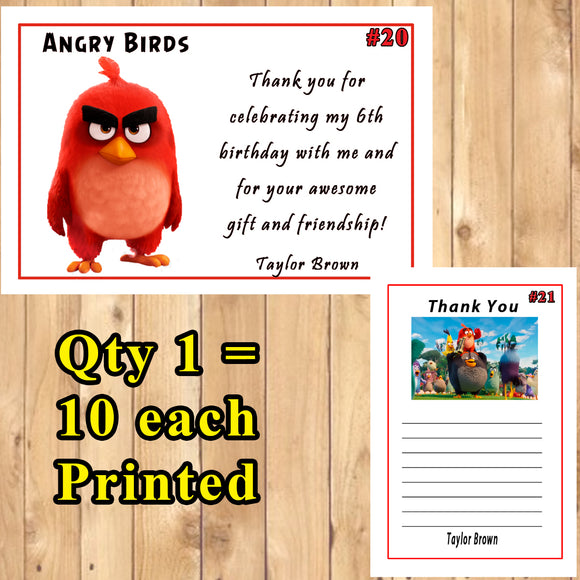 Angry Birds Birthday Thank You Cards 10 each With or Without Env Personalized Custom Made