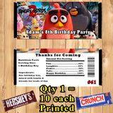 Angry Birds Printed Birthday Candy Bar Wrappers 10 ea Personalized Custom Made
