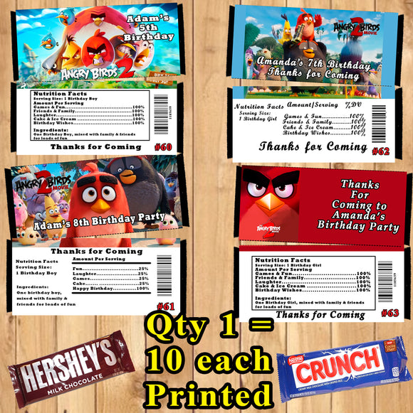 Angry Birds Printed Birthday Candy Bar Wrappers 10 ea Personalized Custom Made