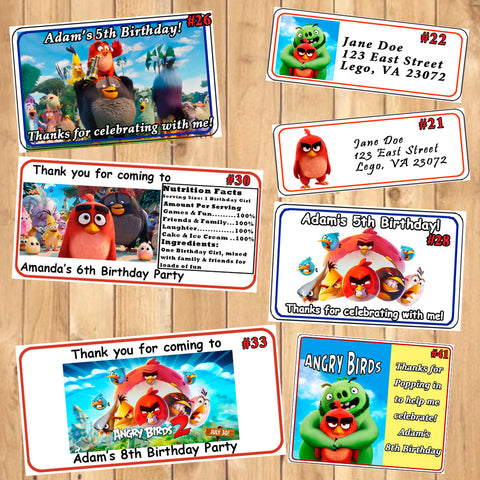 Angry Birds Printed Birthday Stickers Water Bottle Address Popcorn Favor Labels Personalized Custom Made