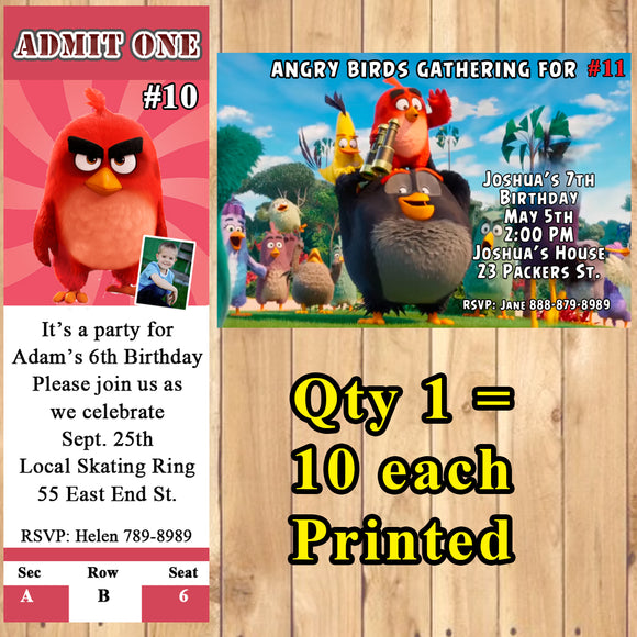 Angry Birds Printed Birthday Invitations 10 ea with Env Personalized Custom Made