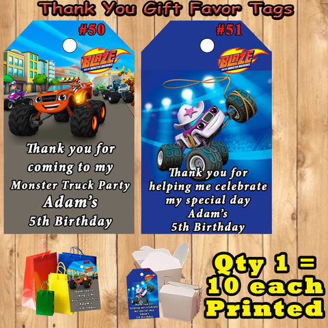 Blaze Monster Machine Truck Birthday Favor Thank You Gift Tags 10 ea Personalized Custom Made