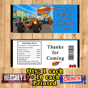 Blaze Monster Machine Truck Printed Birthday Candy Bar Wrappers 10 ea Personalized Custom Made