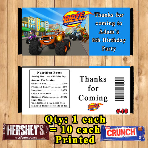 Blaze Monster Machine Truck Printed Birthday Candy Bar Wrappers 10 ea Personalized Custom Made