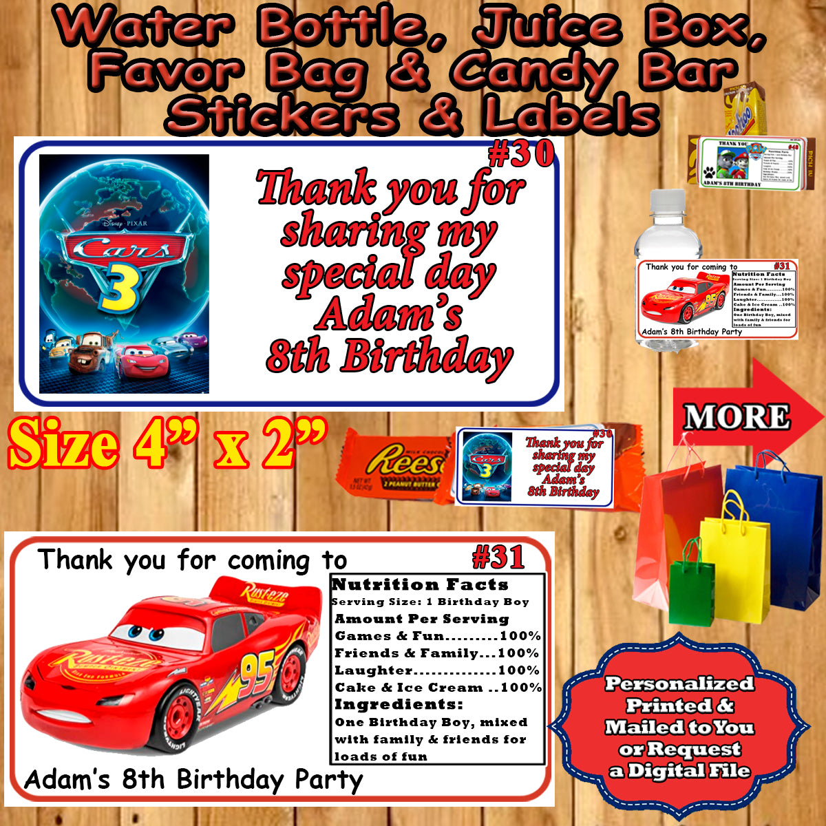PRINTED CARS Birthday Water Bottle Labels Stickers Waterproof Labels Party Lightning  Mcqueen Birthday Party 