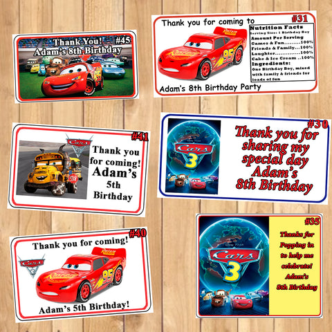 Cars 3 Printed Birthday Stickers Water Bottle Address Popcorn Favor Labels Personalized Custom Made