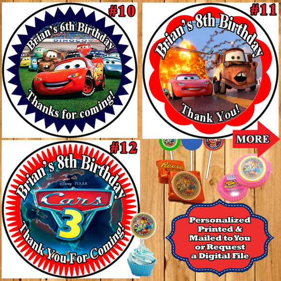 Cars 3 Birthday Round Stickers Printed 1 Sheet Cup Cake Toppers Favor Stickers Personalized Custom Made