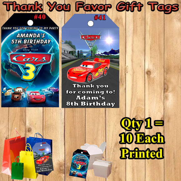 Cars 3 Printed Favor Thank You Gift Tags 10 ea Personalized Custom Made