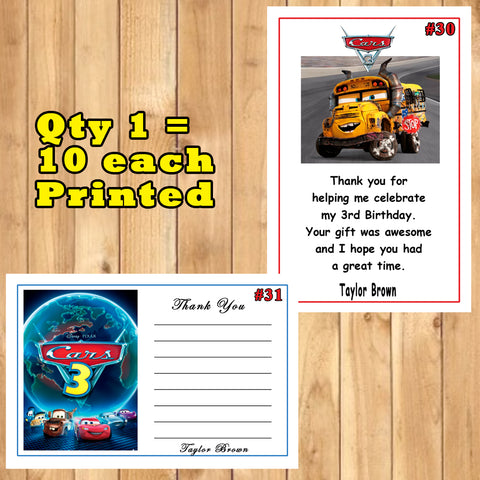 Cars 3 Birthday Thank You Cards 10 each With or Without Env Personalized Custom Made