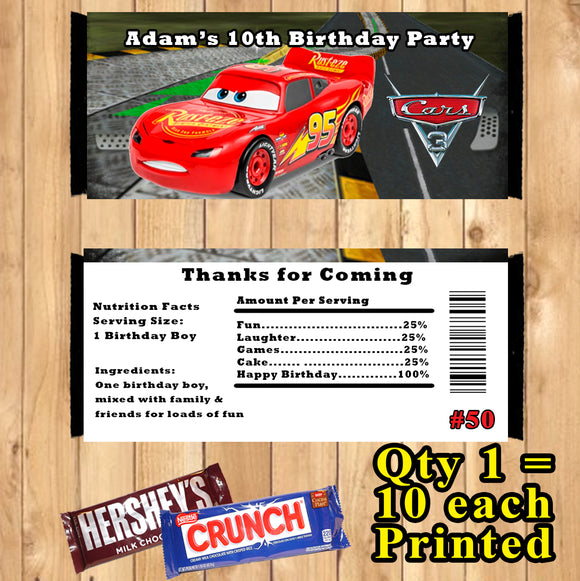 Cars 3 Printed Birthday Candy Bar Wrappers 10 ea Personalized Custom Made