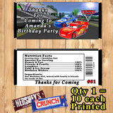 Cars 3 Printed Birthday Candy Bar Wrappers 10 ea Personalized Custom Made