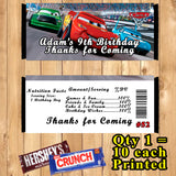 Cars 3 Printed Birthday Candy Bar Wrappers 10 ea Personalized Custom Made