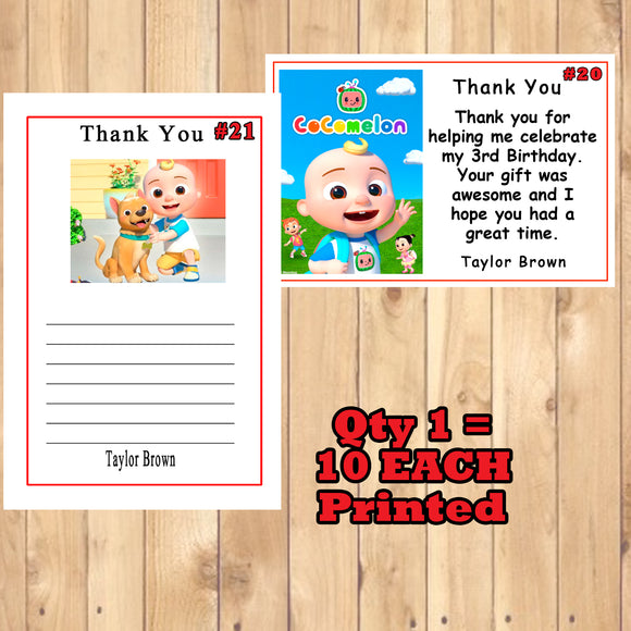 CoComelon Birthday Thank You Cards 10 each With or Without Env Printed Personalized Custom Made