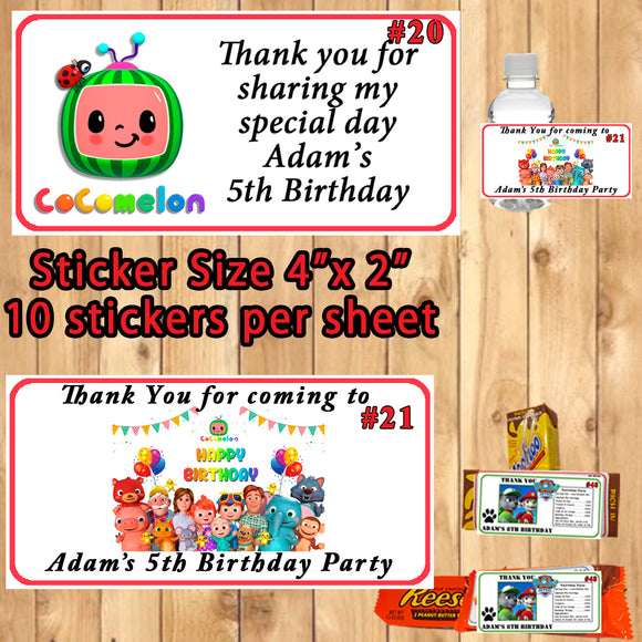 CoComelon Birthday Stickers Water Bottle Favor Labels Personalized Custom Made
