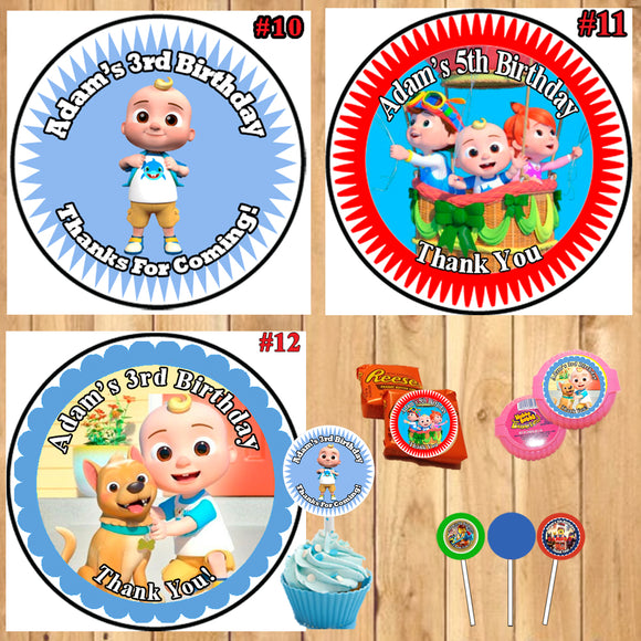 CoComelon Birthday Round Stickers Printed 1 Sheet Cup Cake Toppers Favor Stickers Personalized Custom Made