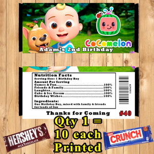 CoComelon Birthday Candy Bar Wrappers 10 ea Personalized Custom Made