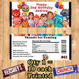 CoComelon Birthday Candy Bar Wrappers 10 ea Personalized Custom Made
