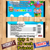 CoComelon Birthday Candy Bar Wrappers 10 ea Personalized Custom Made