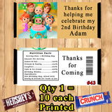 CoComelon Birthday Candy Bar Wrappers 10 ea Personalized Custom Made