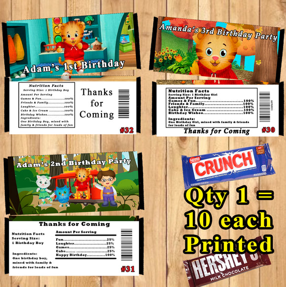 Daniel Tiger Printed Birthday Candy Bar Wrappers 10 ea Personalized Custom Made