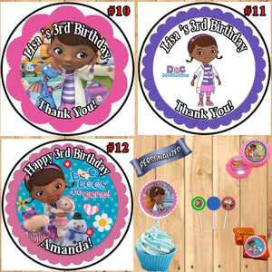 Doc McStuffins Birthday Round Stickers Printed 1 Sheet Cup Cake Toppers Favor Stickers Personalized Custom Made Printed
