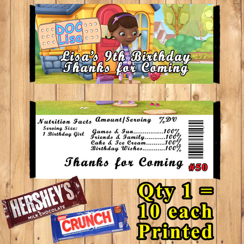 Doc McStuffins Printed Birthday Candy Bar Wrappers 10 ea Personalized Custom Made
