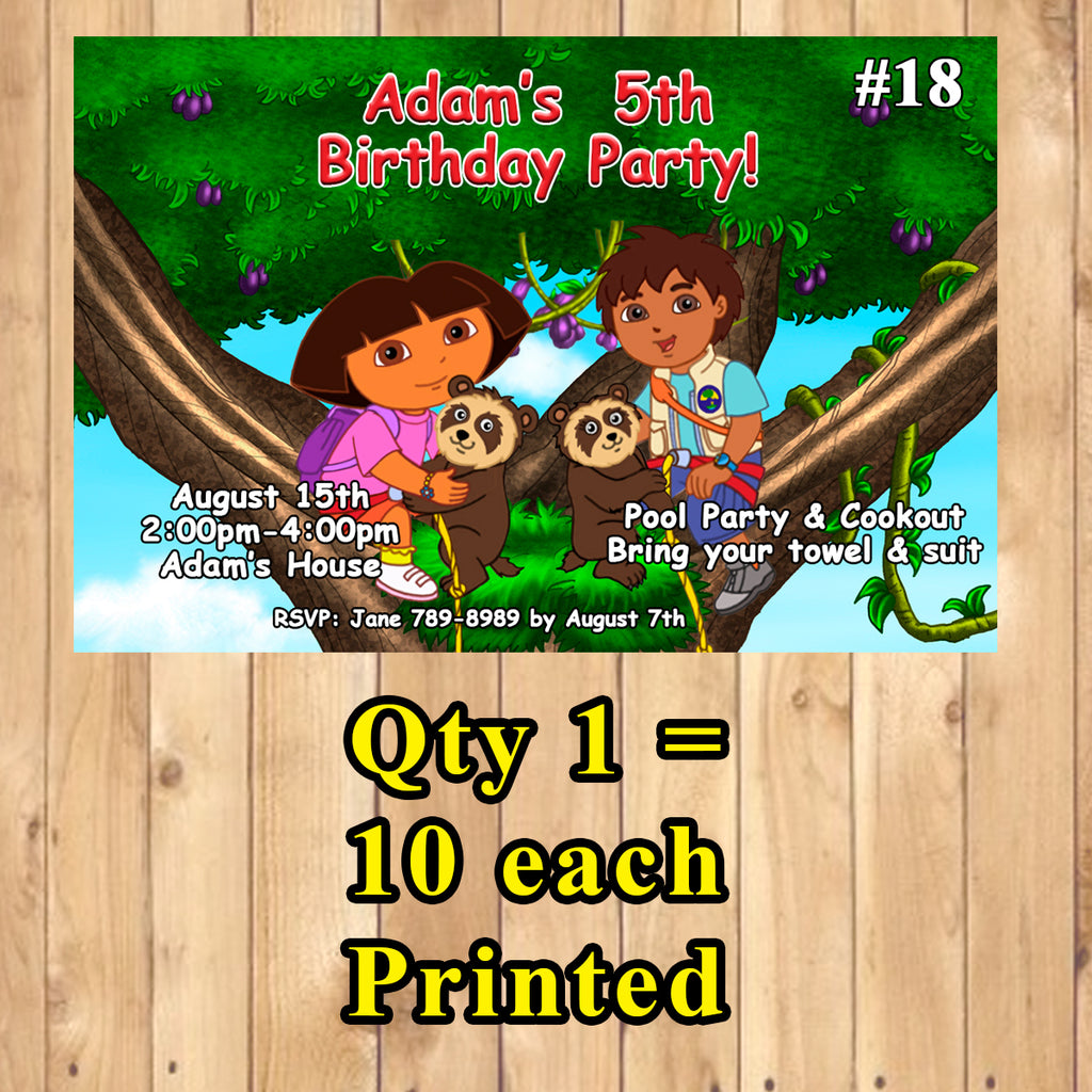 Dora The Explorer or Go Diego Go Birthday Invitations Printed 10 ea wi –  Virginia Design Shop, image size:1024x1024