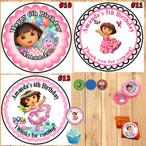 Dora The Explorer or Go Diego Go Birthday Round Stickers Printed 1 Sheet Cup Cake Toppers Favor Stickers Personalized Custom Made