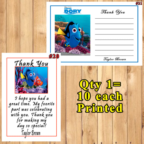 Finding Dory Finding Nemo Birthday Thank You Cards 10 each With or Without Env Personalized Custom Made