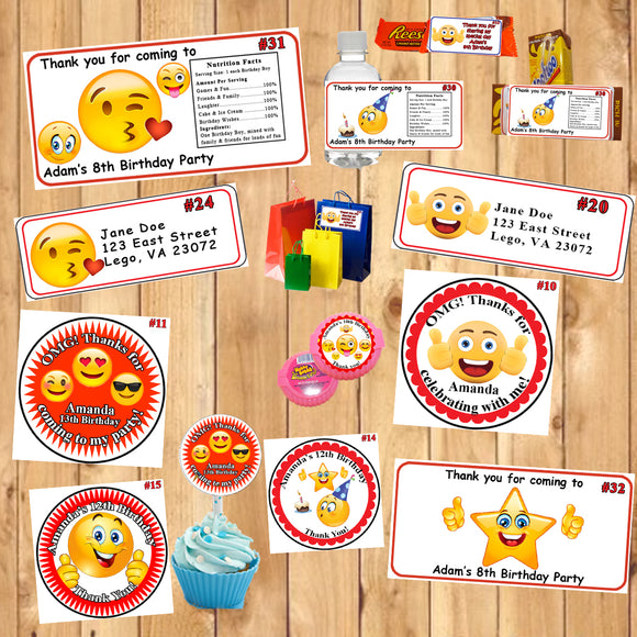 Emoji Birthday Round Stickers Printed 1 Sheet Cup Cake Toppers Favor Stickers Address Labels Water Bottle Labels Personalized Custom Made