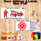 Firefighter Fire Truck Fireman Birthday Favor Stickers Printed 1 Sheet Address Water Bottle Popcorn Labels Personalized