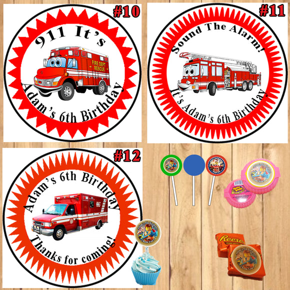 Firefighter Fire Truck Fireman Birthday Round Stickers Printed 1 Sheet Cup Cake Toppers Favor Stickers Personalized Custom Made