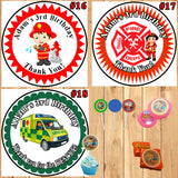 Firefighter Fire Truck Fireman Birthday Round Stickers Printed 1 Sheet Cup Cake Toppers Favor Stickers Personalized Custom Made