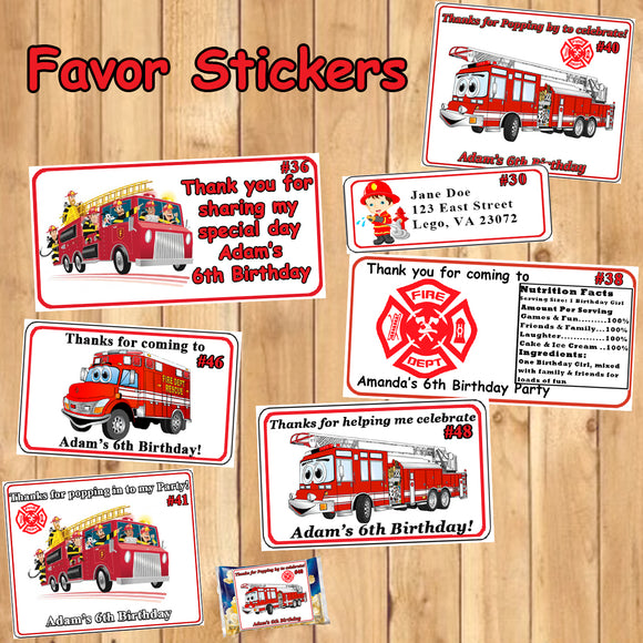Firefighter Fire Truck Fireman Birthday Favor Stickers Printed 1 Sheet Address Water Bottle Popcorn Labels Personalized