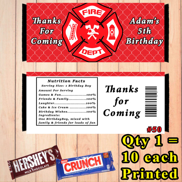 Firefighter Fire Truck Fireman Printed Birthday Candy Bar Wrappers 10 ea Personalized Custom Made
